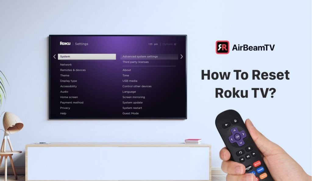 someone holding a remote while pointing to a smart tv in a living room, with a text next to it that says: how to reset Roku TV?