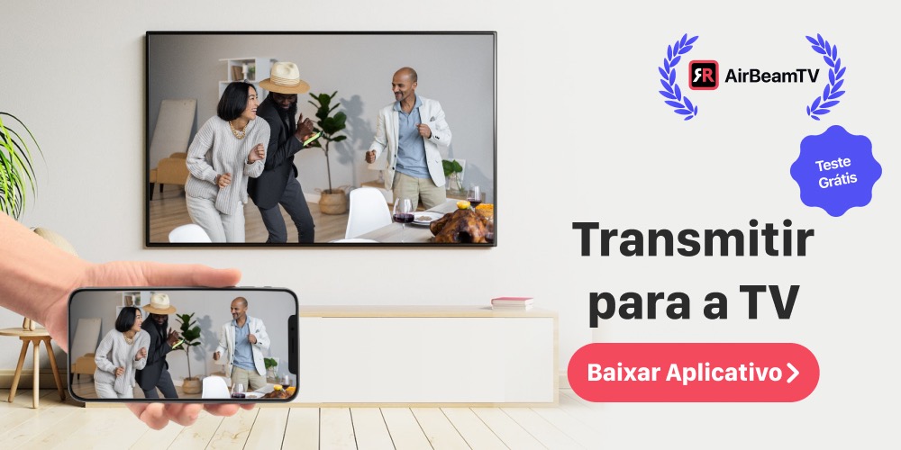 Banner promocional AirBeamTV com uma pessoa a espelhar uma imagem de uma família num parque desde o iPhone até à Smart TV