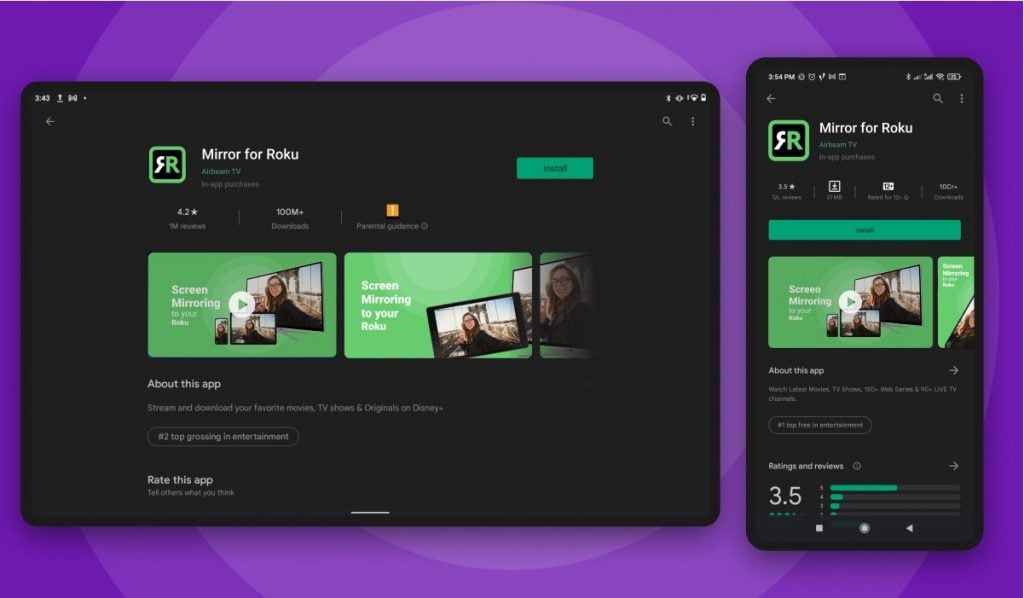 Mirror for Roku AirBeamTV Google Play Store page on a tablet and smartphone