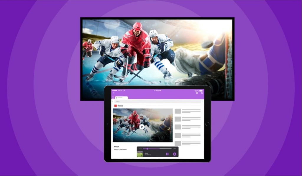 A tablet mirroring an image of hockey to a TV. the background consists of several shades of purple, arranged in a circular fashion.