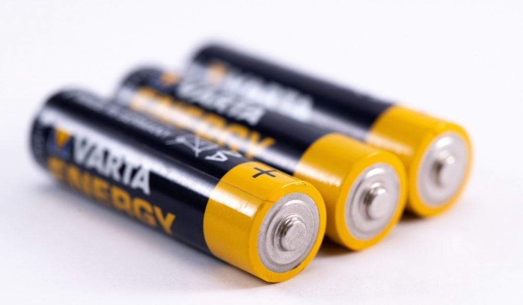 Three AA batteries by Varta, lined up