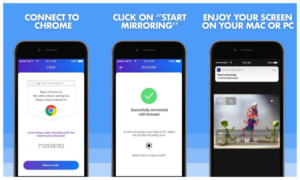 A panel showing three-step instructions on how to mirror iphone to Mac