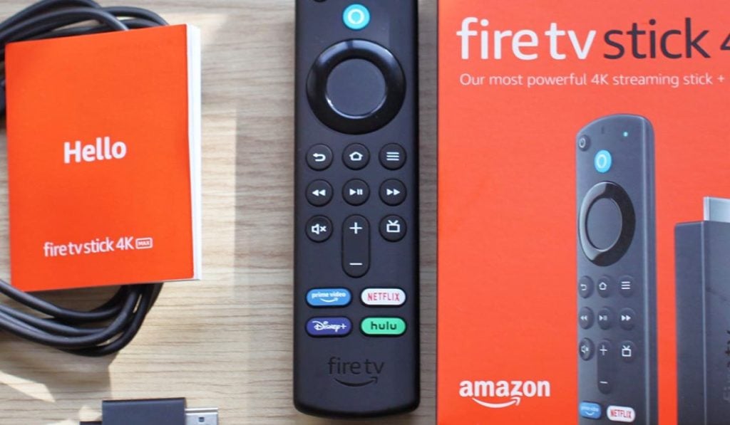 Fire tV charging cable, manual, Fire tV remote and the product box