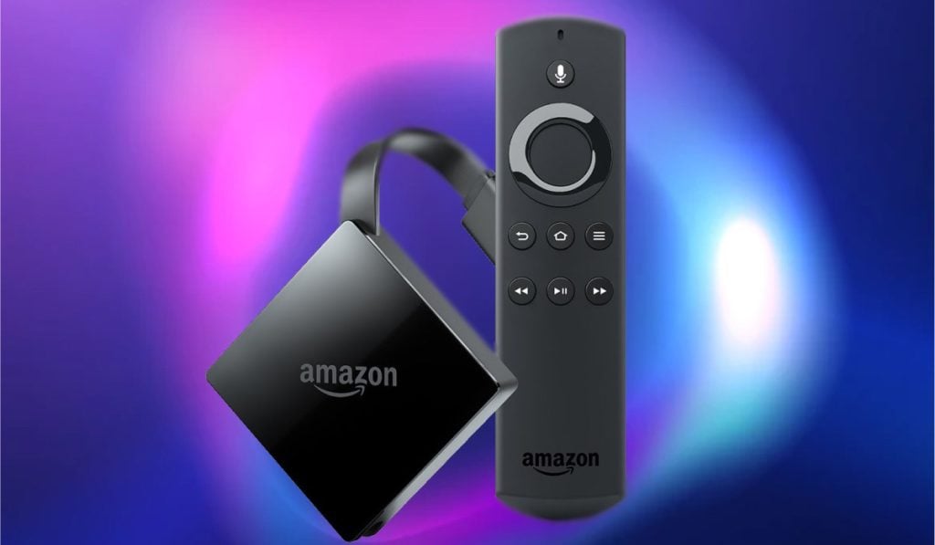 A Fire tV box with an HDMI cable and a Fire TV remote on a purple background