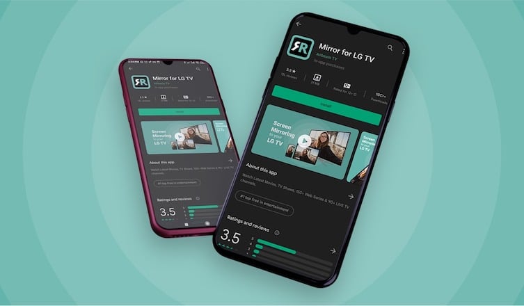 Two Android smartphones, each with a Google Play Store page for LG TV screen mirroring on the screen