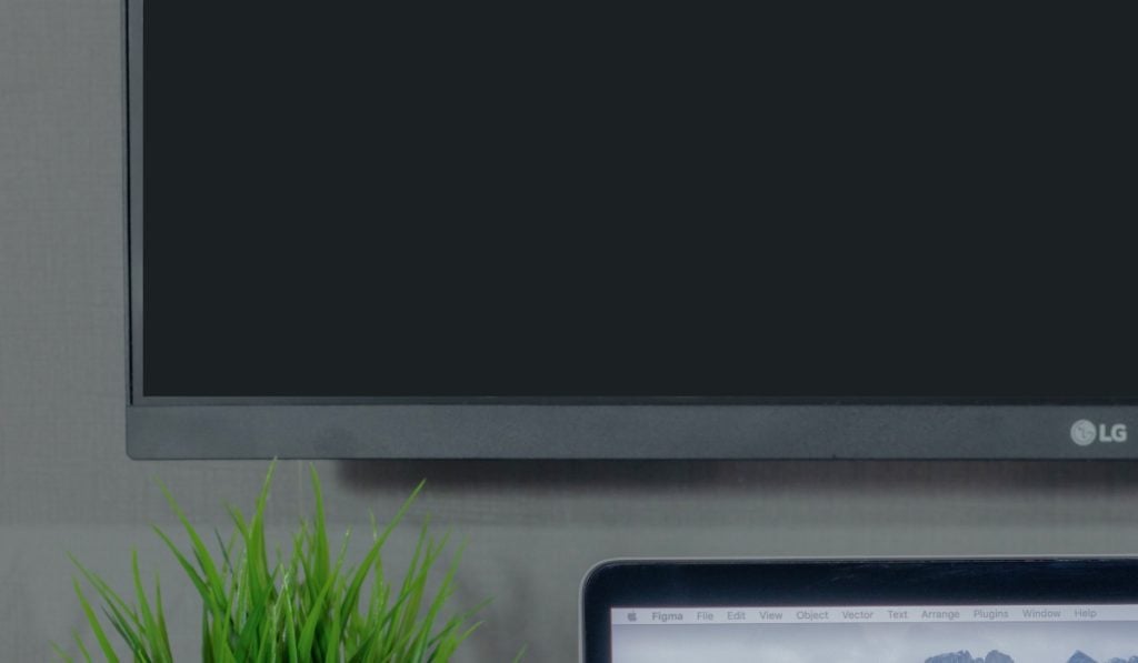 A bottom-left corner of an LG TV with a black screen. A plant and a laptop screen at the bottom of the image
