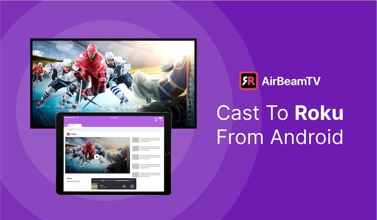 A featured image showing a laptop screen mirroring an image of hockey to a TV. To the right there is a header that says "Cast To Roku from Android"