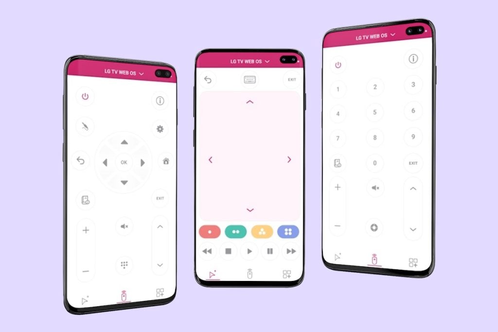 Set against a serene blue backdrop, the spotlight is on three Android phones. Each phone captures a unique screenshot of the LG TV Remote Control Plus + app interface on its screen, showcasing its versatile functionalities in a harmonious blend of colors.