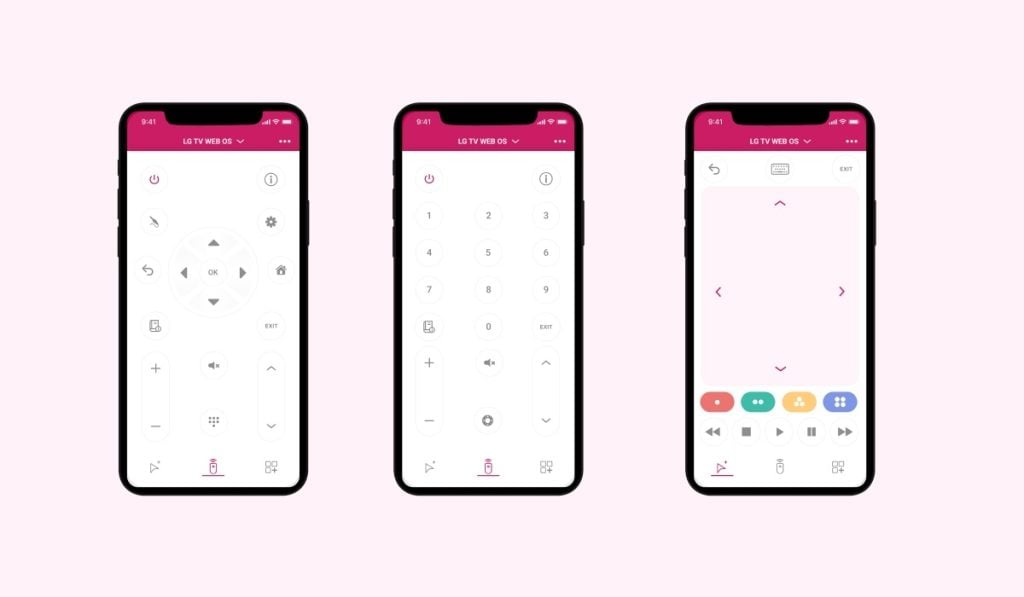 A backdrop of soothing lilac sets the tone as three Android phones take center stage. Each phone showcases a distinct screenshot of the LG TV Remote Control Plus + app, highlighting its versatile features and functions.