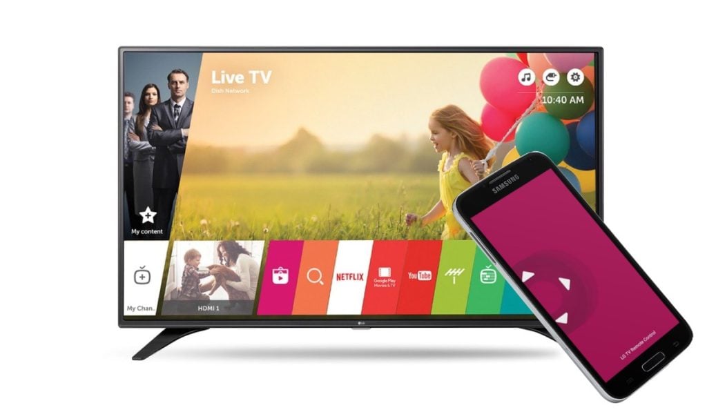 An LG TV takes center stage, its screen adorned with the inviting WebOS menu. Complementing this visual harmony, a Samsung smartphone enters the scene, proudly displaying the LG TV Remote Control Plus + app logo on its screen—a seamless blend of convenience and innovation.