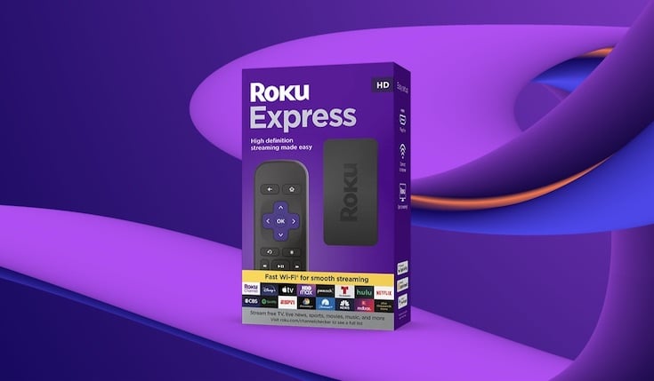 Roku Express box on abstract purple background