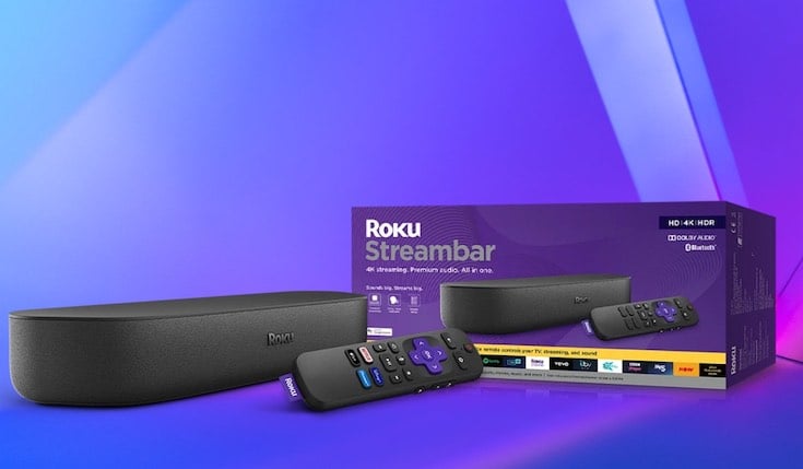 Roku Streambar, Roku Voice remote and Roku Streambar box on purple gradient background