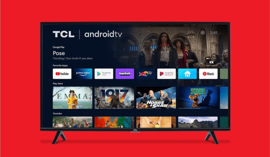 A TCL Android tV interface with apps and streaming services.