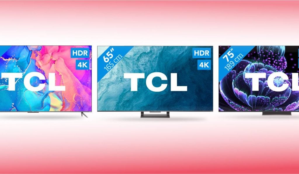 Three TCL TV units lined up, each with specs listed on the screen.