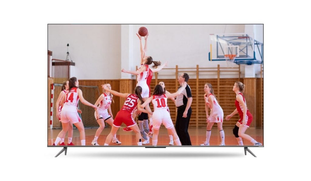 A TCL TV with an image of women playing basketball on the screen