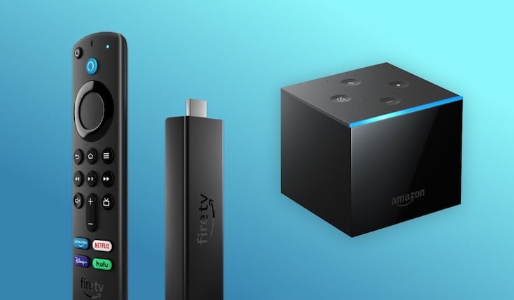 Fire TV Stick, a Fire TV remote and a Fire TV Cube on blue gradient background