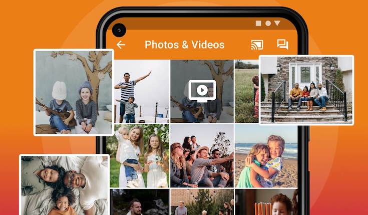 an image of android smartphone gallery on orange background. Several images are outside of the gallery app