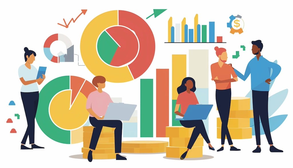a vector of 5 people, graph, statistics and financial numbers