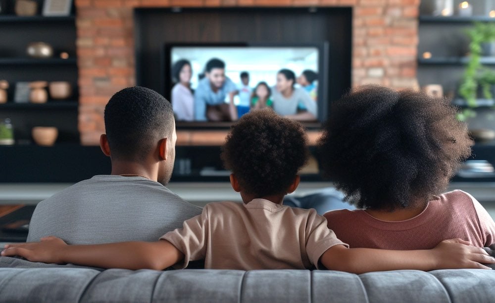 two parents and their son watching tv in a modern living room