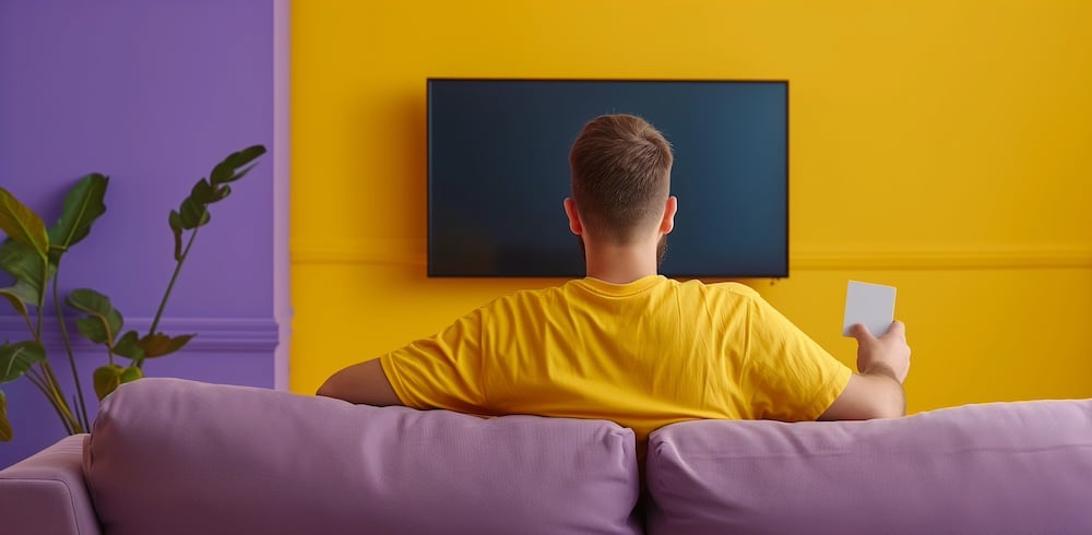 a man in a yellow shirt staring at a black tv mounted onto the wall that is painted yellow and purple