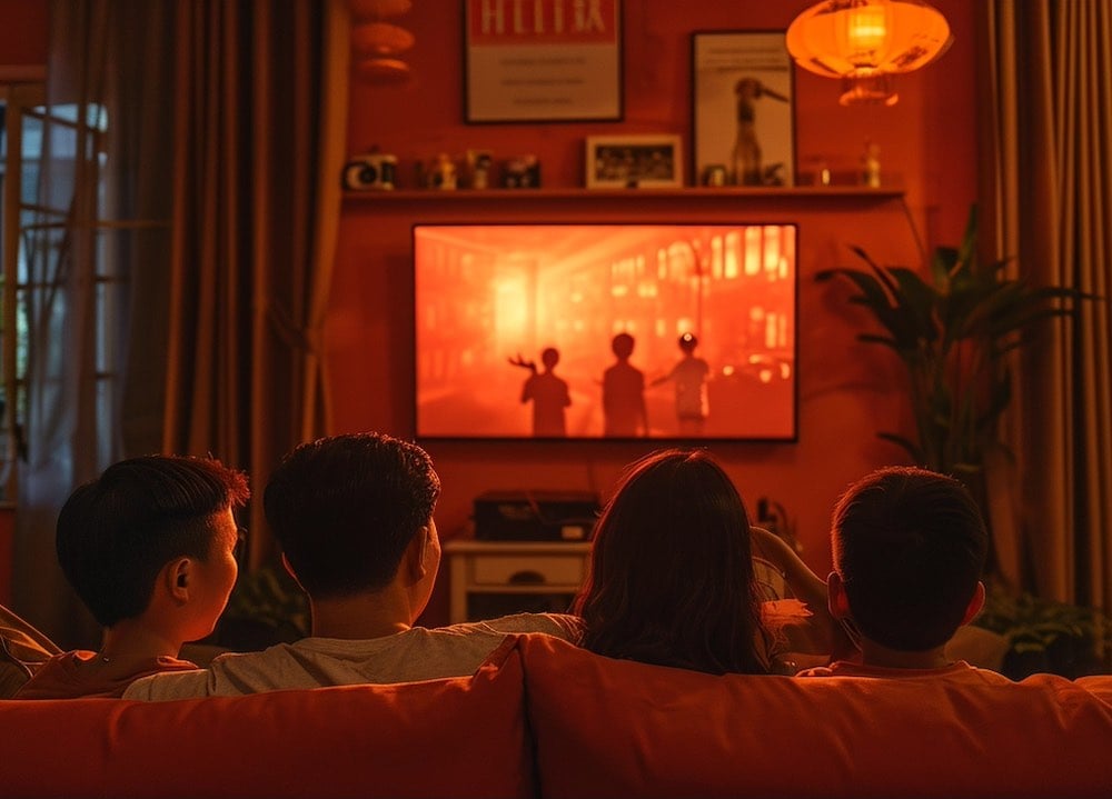 an asian father and mother watching an movie on Netflix with their two children
