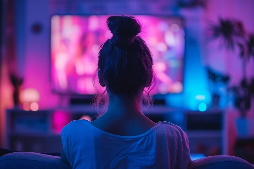 a young, white woman watching a tv with a Roku stick in a modern living room