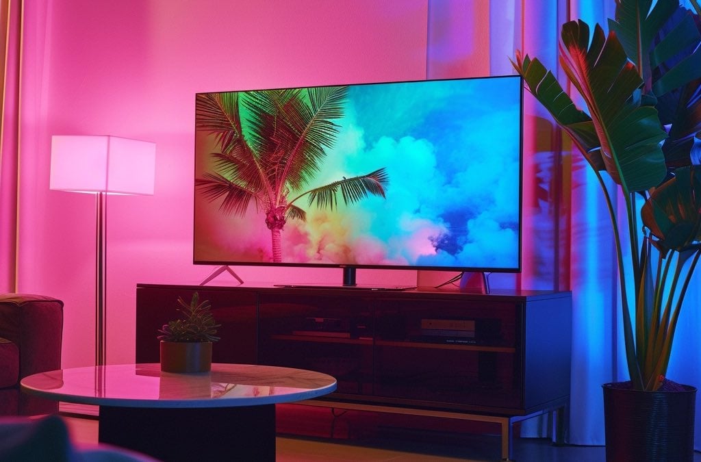 a modern living room with a little table and tv against the wall with a plant on the right side with purple, blue lights in the room