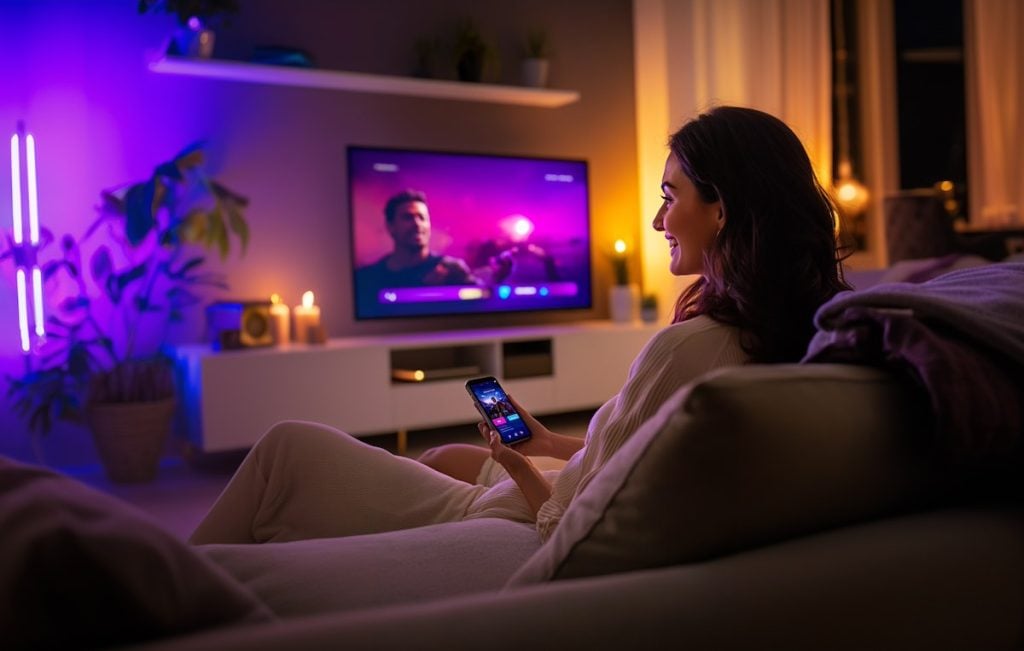 a woman in a living room enjoy her Roku device