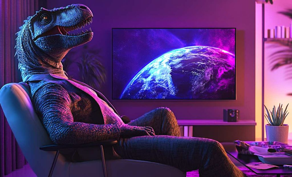 a real dinosaur in an interview suit, sitting on a chair in a living room watching Planet Earth on TCL Roku TV. Roku purple colours. ultra realistic, hight quality