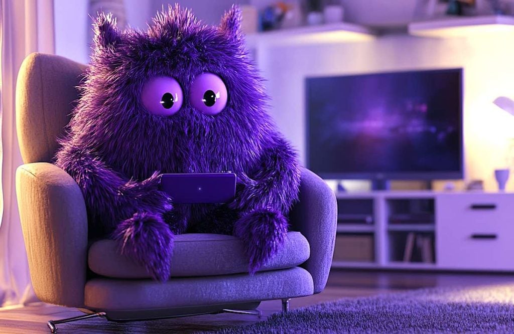 a fluffy, cute monster sitting in a chair watching a TCL Roku TV in a living room. Purple Roku colours.