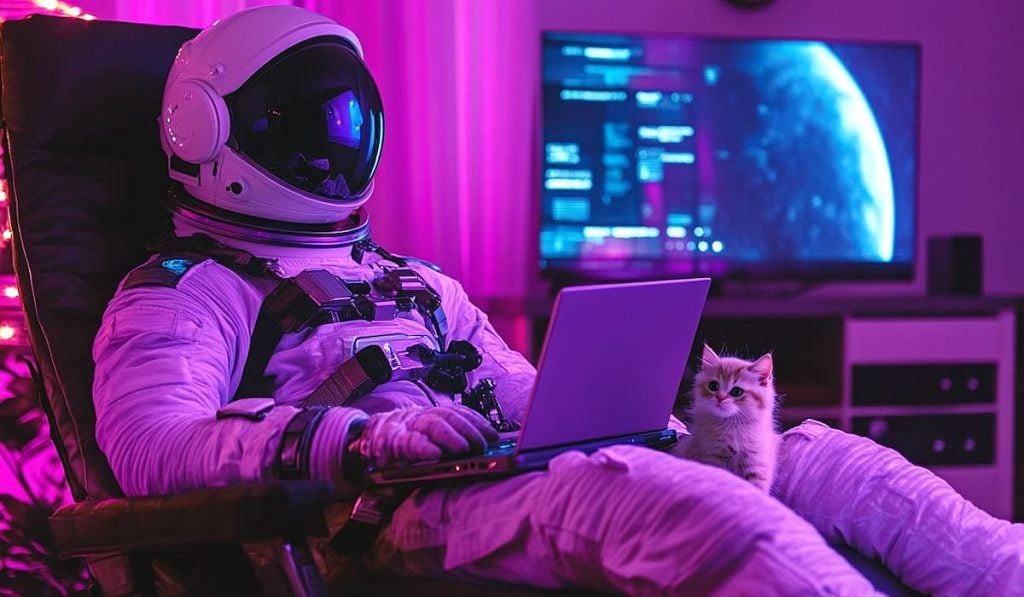 an astronaut in a slim space suit, sitting in a recliner with a laptop on his lap, Roku purple lighting, cinematic lighting, he has a small kitten next to him on the floor, TCL Roku screen tv in the background.