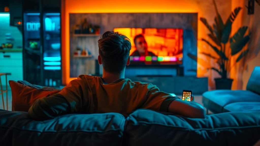 a young man watching Amazon Fire TV in his modern living room while holding his smart phone as a Firestick Remote Control