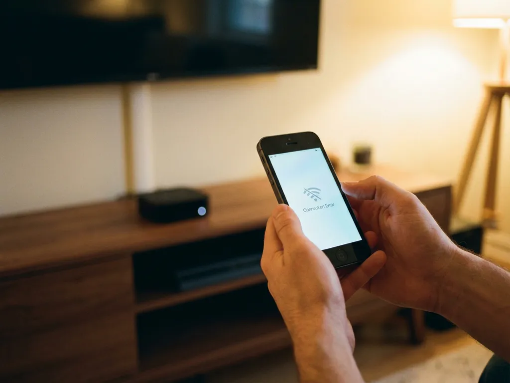 Hands holding iPhone displaying connection error with Apple TV device on wooden entertainment center in background