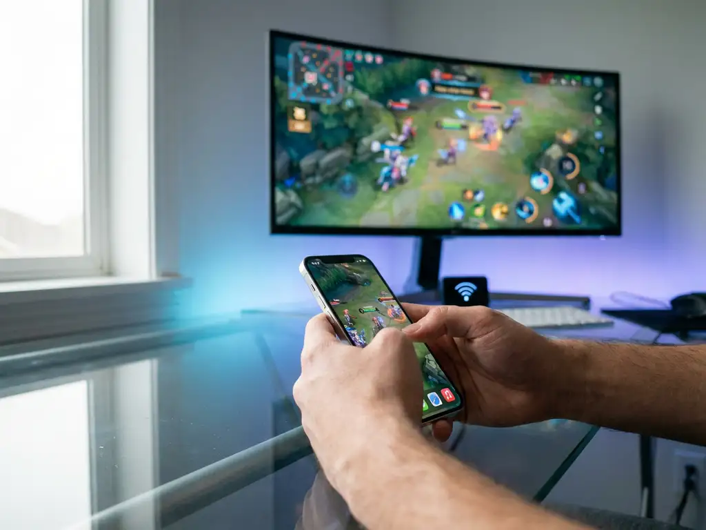 iPhone displaying vibrant mobile game mirrored on curved monitor in modern minimalist workspace with ambient lighting