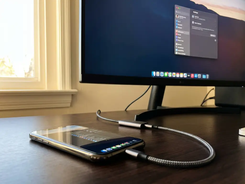 iPhone with mirrored screen on desk next to 4K monitor displaying synchronized content, settings app visible, warm lighting