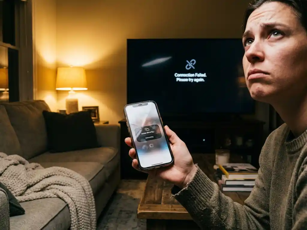 Person holding iPhone with screen mirroring interface looking at TV displaying connection error in modern living room