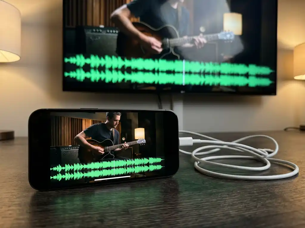iPhone displaying video with audio waveforms connected via lightning cable to TV monitor showing same content on wooden desk