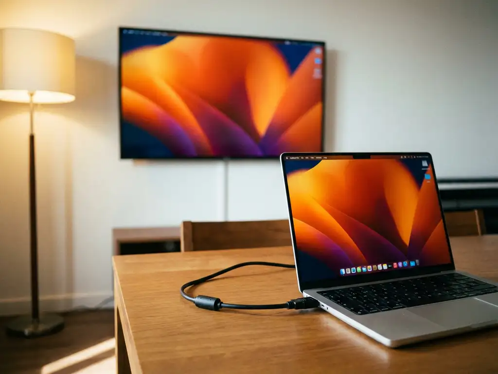 MacBook Pro connected to Samsung smart TV via HDMI cable, displaying mirrored desktop wallpaper in modern living room