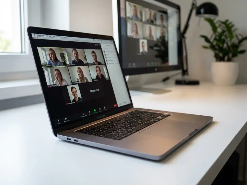 MacBook Pro on white desk displaying video call interface with external monitor mirroring screen in background workspace