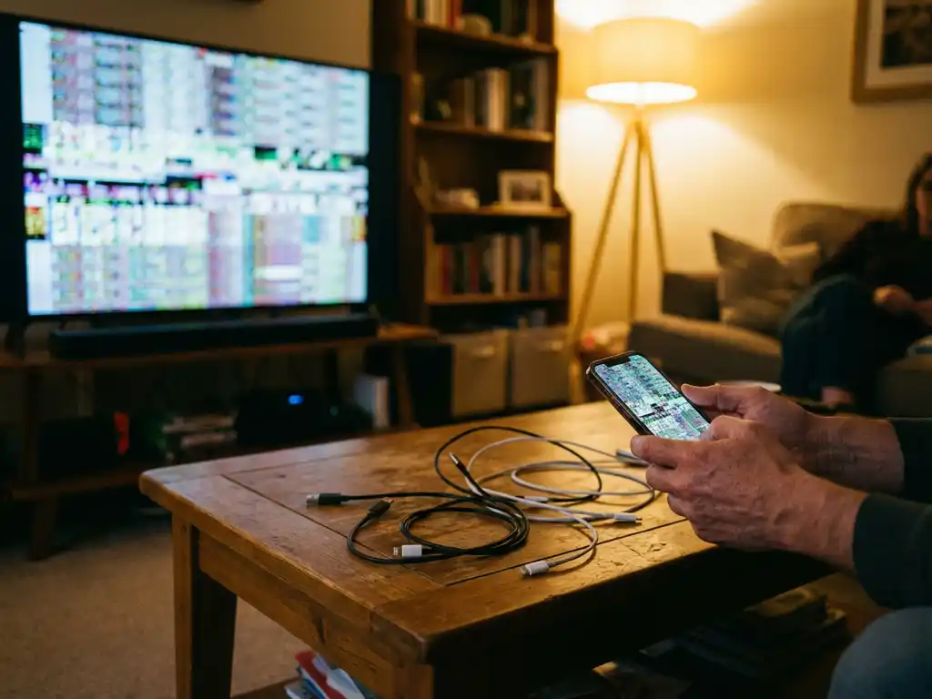 Smartphone with frozen pixelated screen being held next to smart TV displaying same lagging mirrored content on wooden table