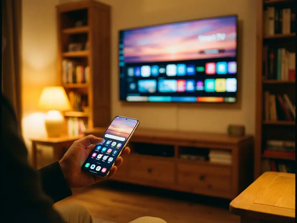Smartphone in hand wirelessly casting colorful interface to wall-mounted smart TV in modern living room with warm lighting.