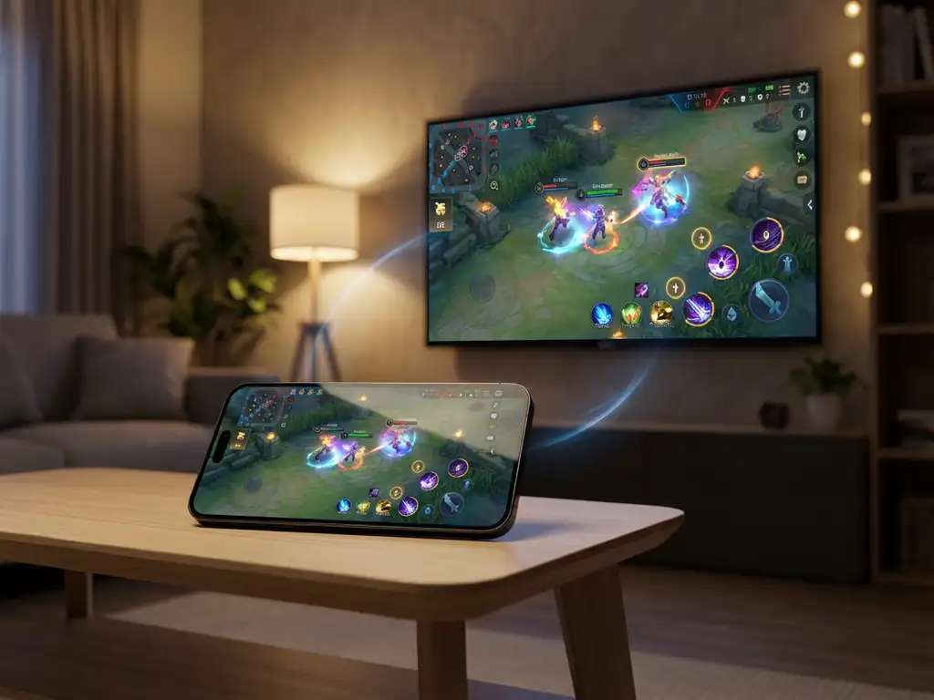 Smartphone displaying colorful mobile game wirelessly casting to large smart TV in modern living room setup