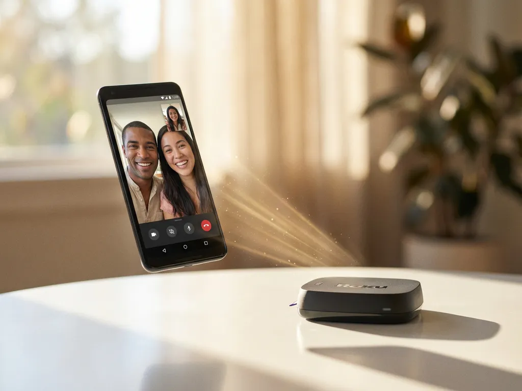 Black Android smartphone with video call screen hovering above Roku streaming device on white desk with wireless connection light rays between them