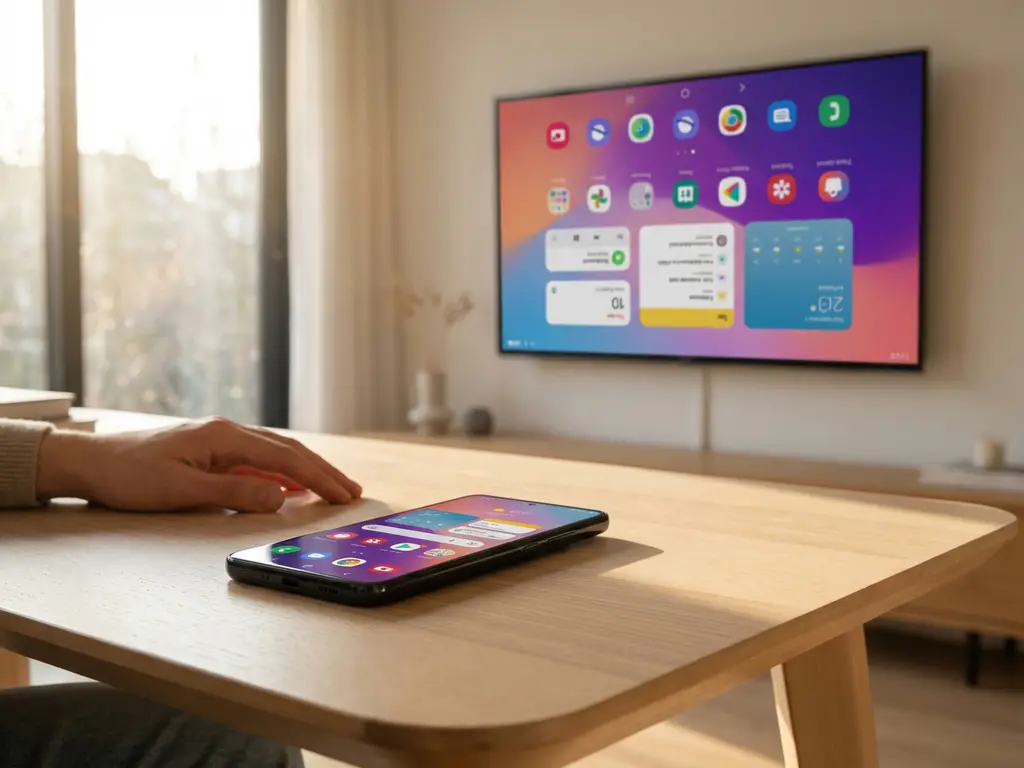 Black Android smartphone on white desk casting upside-down display to wall-mounted smart TV, showing screen mirroring issue