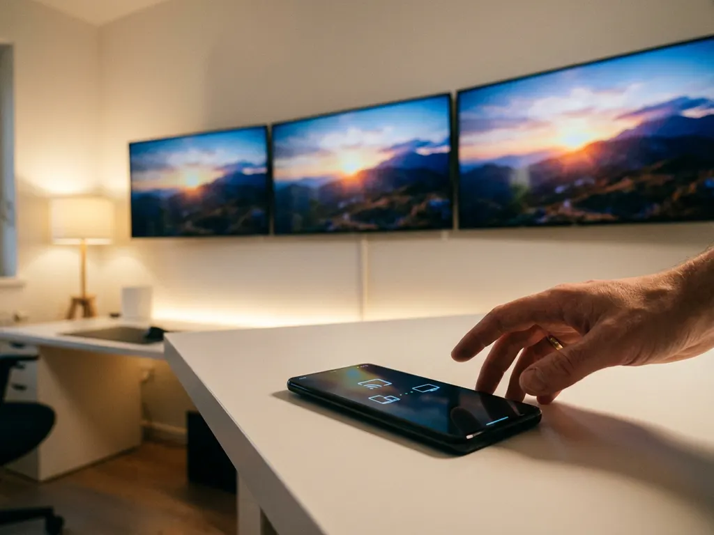 Black Android smartphone on white desk wirelessly mirroring content to three synchronized flat-screen TVs mounted on wall
