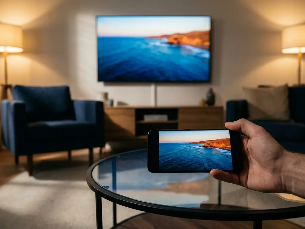 Black Android smartphone wirelessly streaming HD video to large smart TV on glass coffee table in modern living room with warm ambient lighting