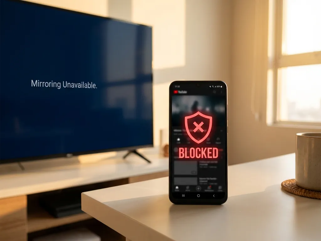 Black Android smartphone with red blocked shield icon on streaming app screen beside Smart TV displaying mirroring unavailable message