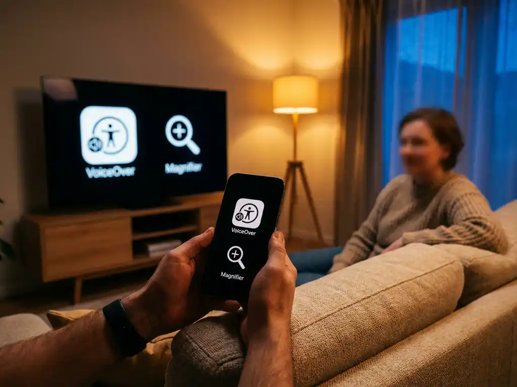 Hands holding iPhone with accessibility icons mirrored on smart TV screen in warm living room with blue and amber lighting