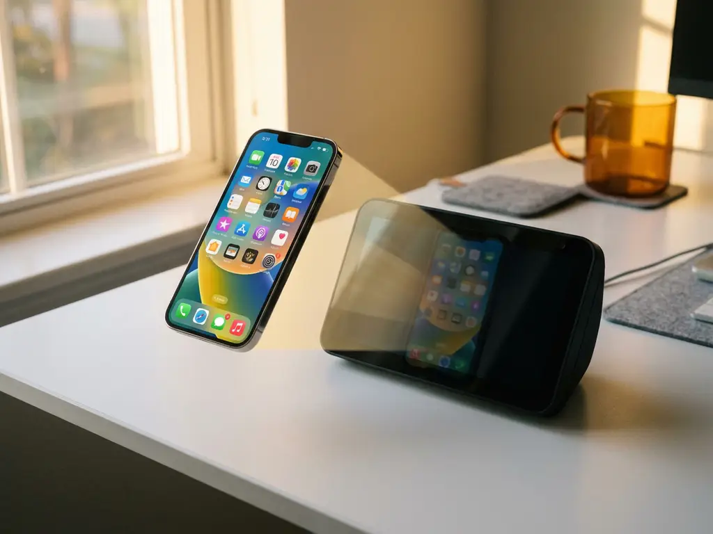 iPhone floating above black Echo Show on white desk with wireless streaming visualization and warm ambient lighting