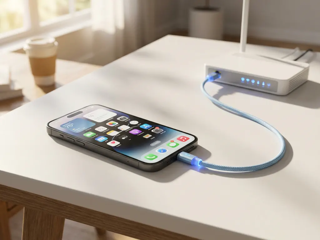iPhone on white desk connected to ethernet cable and wireless router with blue LED lights